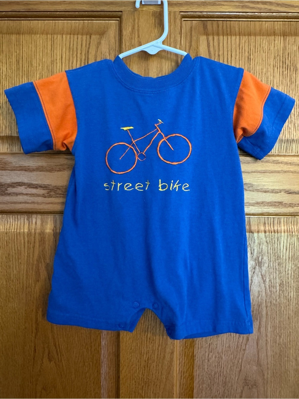 Simply Basic 12M Street Bike Embroidered Baby Romper Retro Blue Orange